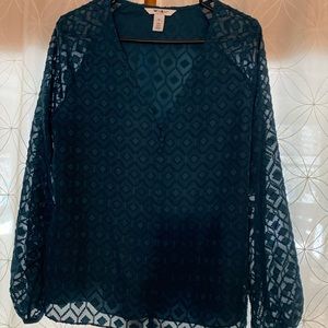 White House Black Mkt  Blouse Teal Blue Size Med V Neck Long Sleeve